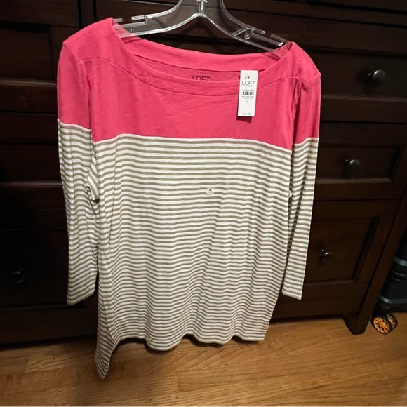LOFT Women’s XL Pink Beige White Striped 3/4 Sleeve Tee – NWT Casual Tunic Top - Picture 1 of 7